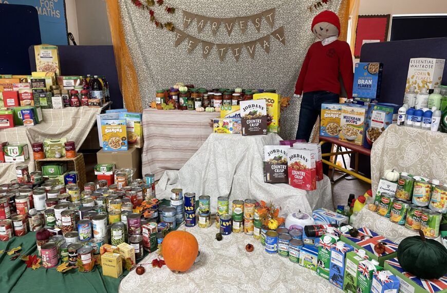Harvest donation display for Crowthorne Foodbank